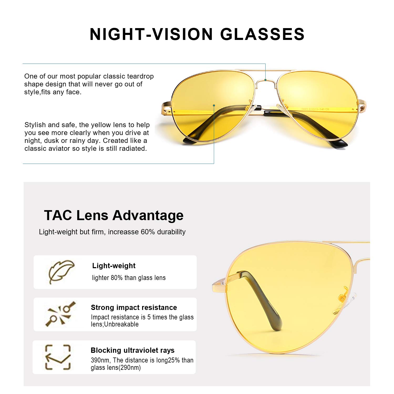 SODQW Aviator Night-Driving Glasses, Night-vision Goggles Anti Glare Polarized Yellow Lens, Fashion Safety Glasses (Gold Frame/Yellow Night-Driving Glasses)