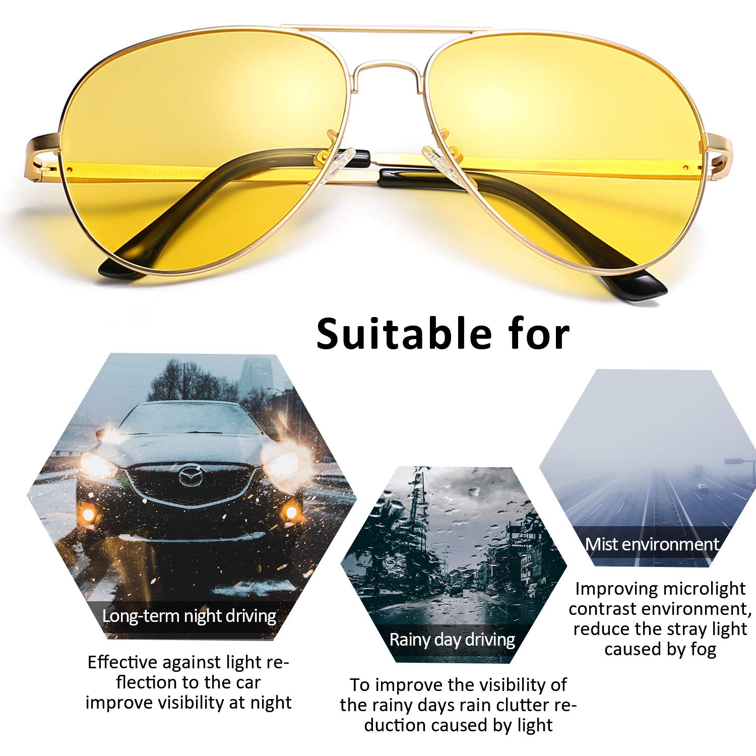 SODQW Aviator Night-Driving Glasses, Night-vision Goggles Anti Glare Polarized Yellow Lens, Fashion Safety Glasses (Gold Frame/Yellow Night-Driving Glasses)