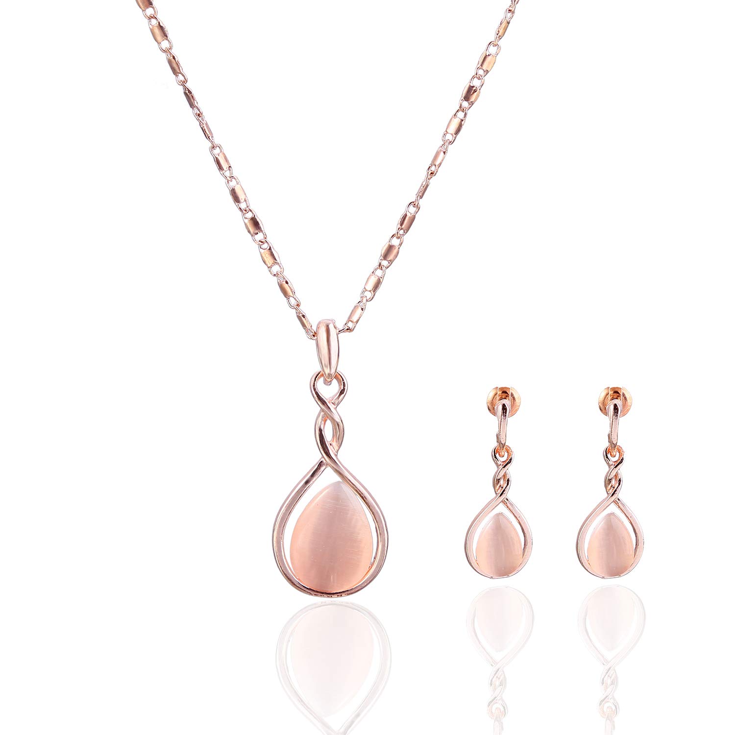 ASHMITA Rose Gold Teardrop Necklace Gemstone Dangle Earrings Wedding Jewelry Set