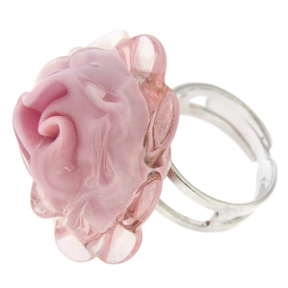 Glass Of Venice Murano Glass Rose Flower Ring 1 Inch - Adjustable Size Ring in Rose Pink. Blown Glass - Murano Glass Rings for Women Handmade in Italy