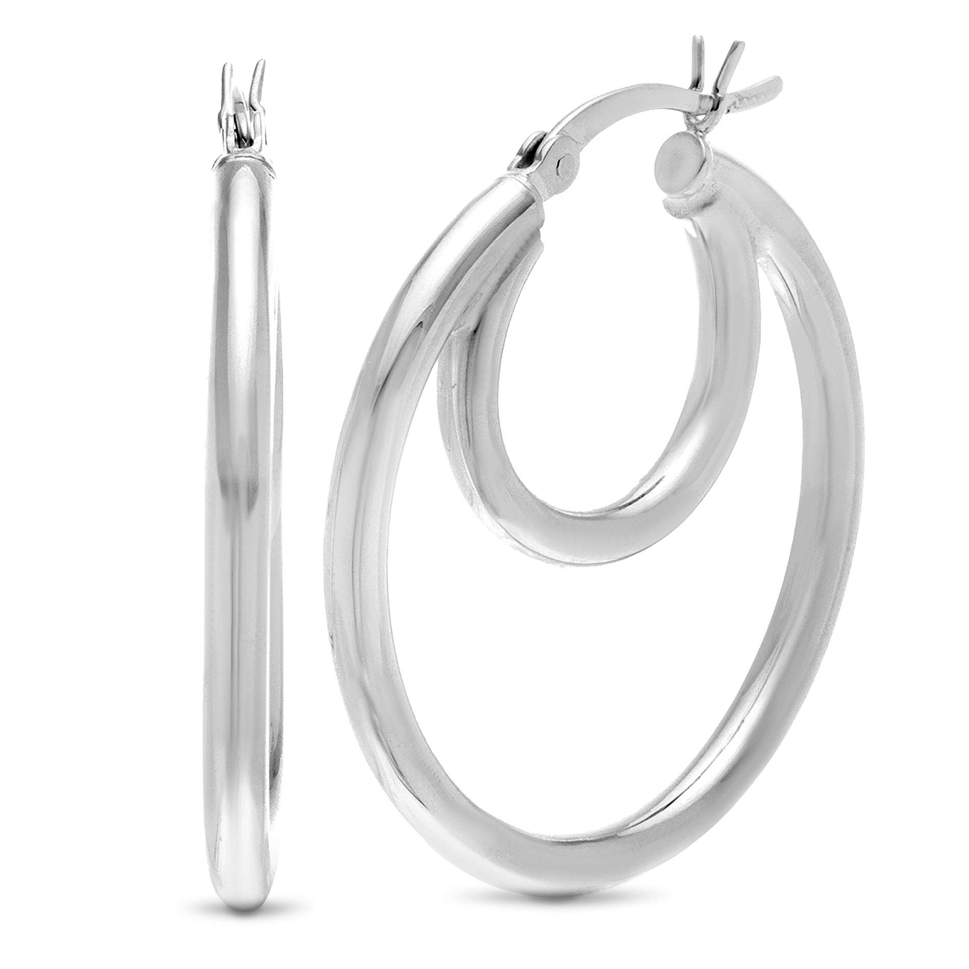 Mia Sarine 925 Sterling Silver 30mm Double Loop Crescent Lightweight Tube Hoop Earrings for Women White