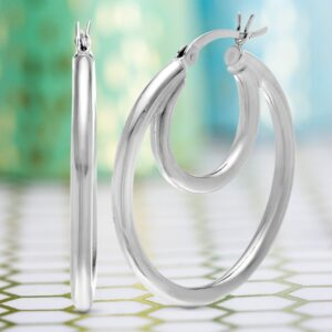 Mia Sarine 925 Sterling Silver 30mm Double Loop Crescent Lightweight Tube Hoop Earrings for Women White