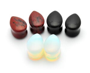 mystic metals body jewelry set of 3 pairs teardrop stone plugs - black onyx, opalite, mahogany obsidian (00g (10mm))