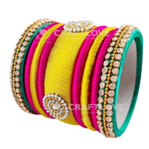 GOELX Festive Offer: Rani Pink Green and Gold Silk Thread Handcrafted Bangle Bracelet for Women - 2.4