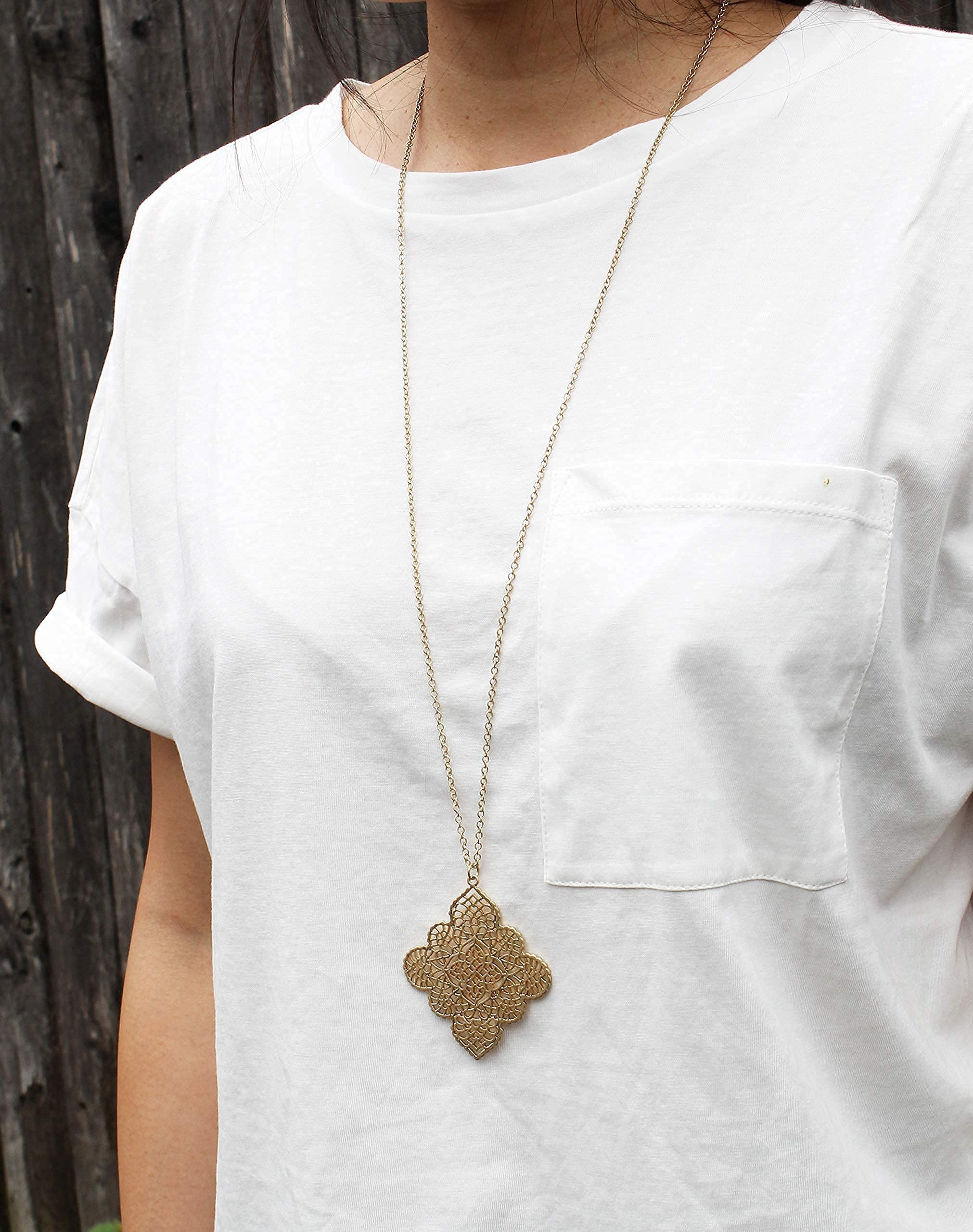 POMINA Gold Silver Geometric Filigree Pendent Long Necklace Casual Sweater Gold Chain Necklaces for women (Worn Gold)