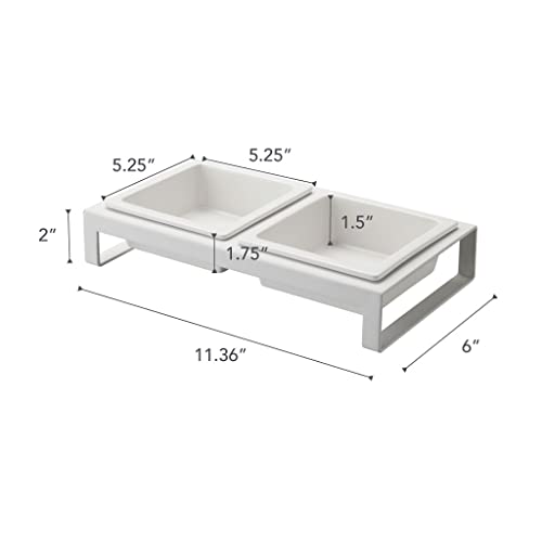 Yamazaki Home Tower Steel and Ceramic Pet Food Stand | 2 Bowls for Food and Water | Feeder for Small Cats and Dogs | Non-Slip - Short - 1.25 Cups, 300 Milliliters Per Bowl, White