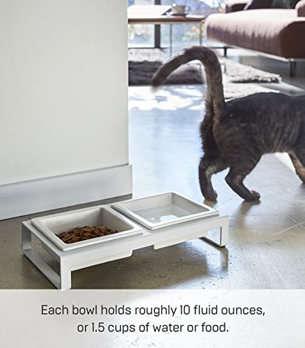 Yamazaki Home Tower Steel and Ceramic Pet Food Stand | 2 Bowls for Food and Water | Feeder for Small Cats and Dogs | Non-Slip - Short - 1.25 Cups, 300 Milliliters Per Bowl, White