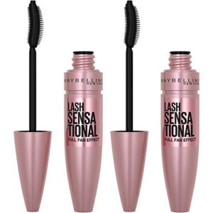 Maybelline Lash Sensational Washable Mascara, Lengthening and Volumizing for a Full Fan Effect, Blackest Black, 2 Count