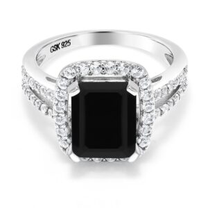 Gem Stone King 925 Sterling Silver Black Onyx Engagement Ring For Women (3.75 Cttw, Emerald Cut 10X8MM, Gemstone Birthstone, Available in size 5, 6, 7, 8, 9)