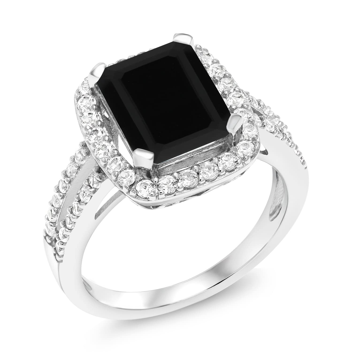 Gem Stone King 925 Sterling Silver Black Onyx Engagement Ring For Women (3.75 Cttw, Emerald Cut 10X8MM, Gemstone Birthstone, Available in size 5, 6, 7, 8, 9)