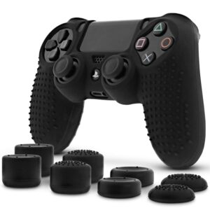 fosmon ps4 controller skin with 8 thumb grips, anti-slip silicone grip cover protector case compatible with sony playstation ps4 slim/pro 4 dualshock controller (black)