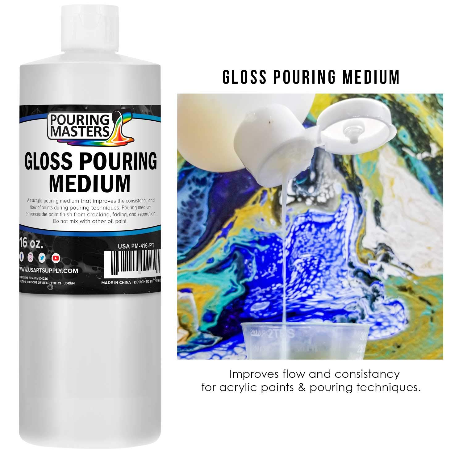 U.S. Art Supply Professional Gloss Pouring Effects Medium, 16 oz. (Pint) Bottle - Improves Flow Consistency, Artist Techniques to Create Cell Effects, Mix with Art Acrylic Paint, Adjusts Viscosity