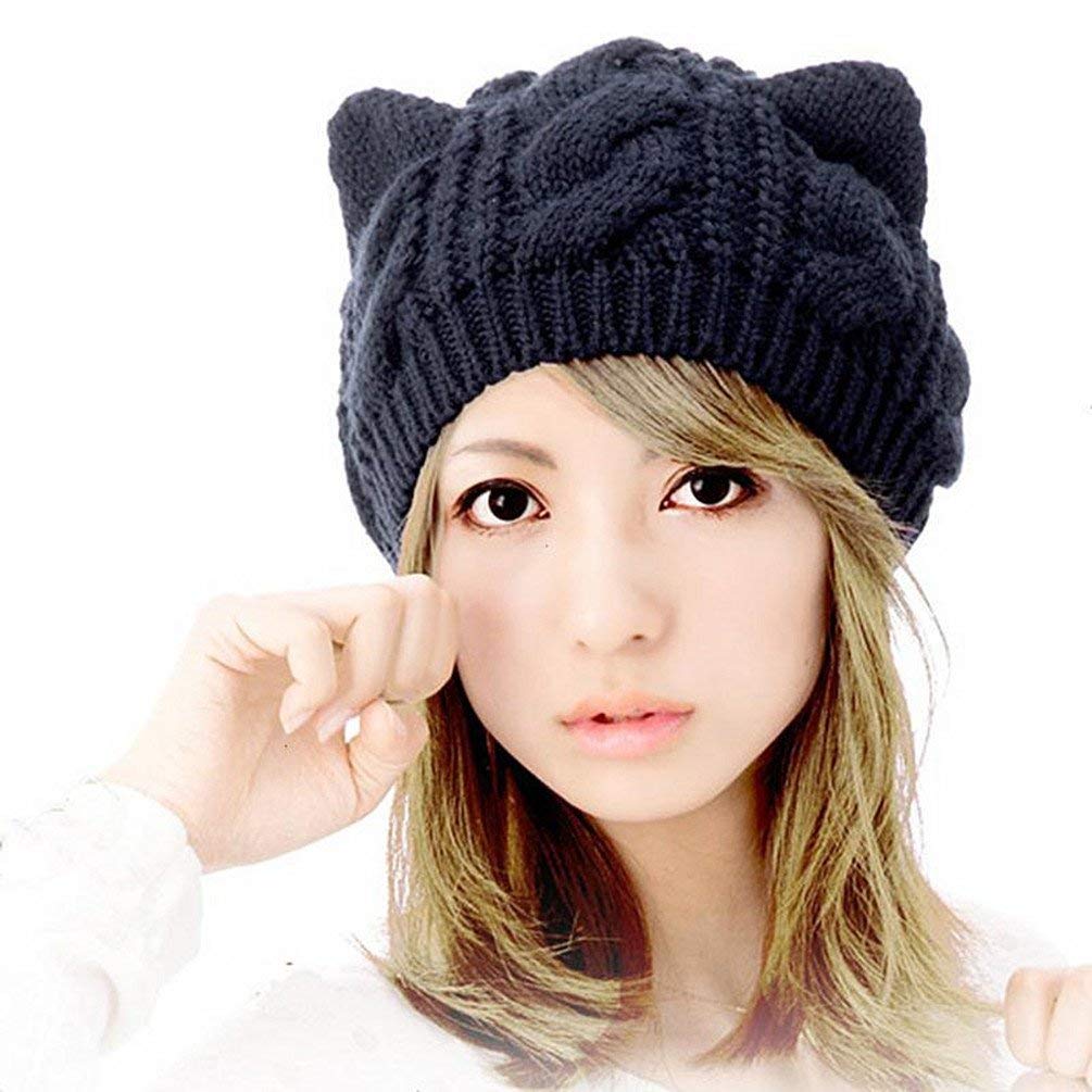 umbresen Cute Woollike Knitted CAT Kitty Ears Women Lady Girl Headgear Crochet Christmas Hats Black