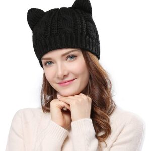 umbresen Cute Woollike Knitted CAT Kitty Ears Women Lady Girl Headgear Crochet Christmas Hats Black