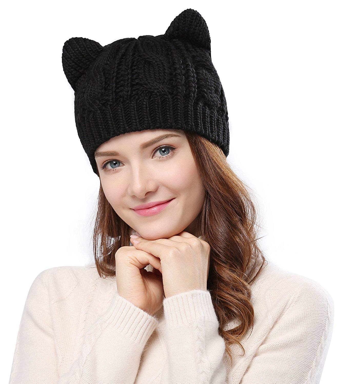 umbresen Cute Woollike Knitted CAT Kitty Ears Women Lady Girl Headgear Crochet Christmas Hats Black