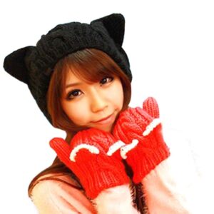 umbresen Cute Woollike Knitted CAT Kitty Ears Women Lady Girl Headgear Crochet Christmas Hats Black