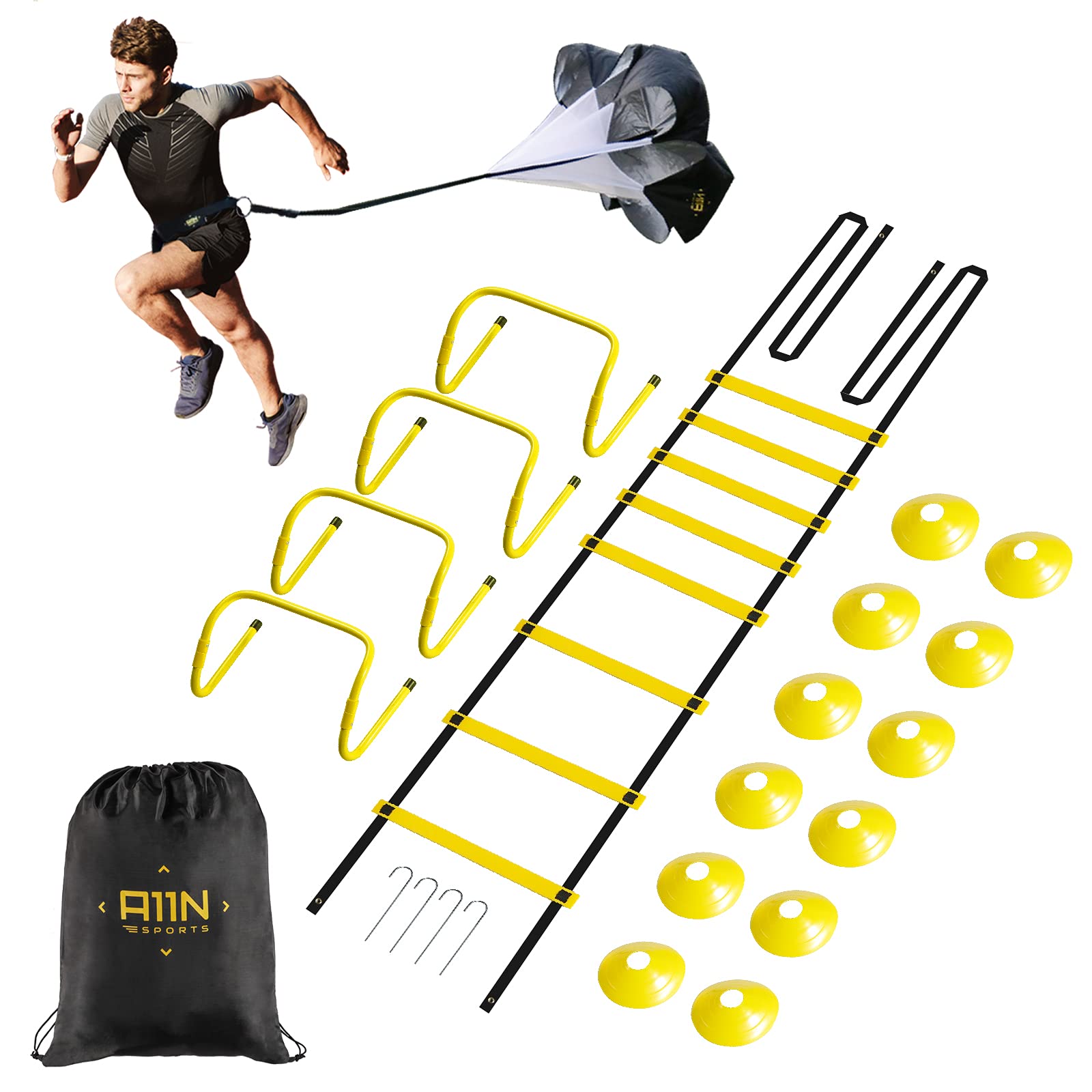 A11N Speed & Agility Training Combo Set - Includes 4 Adjustable Agility Hurdles, Quick Ladder, Speed Chute, & 12 Cones - Training for Speed, Agility, and Quickness