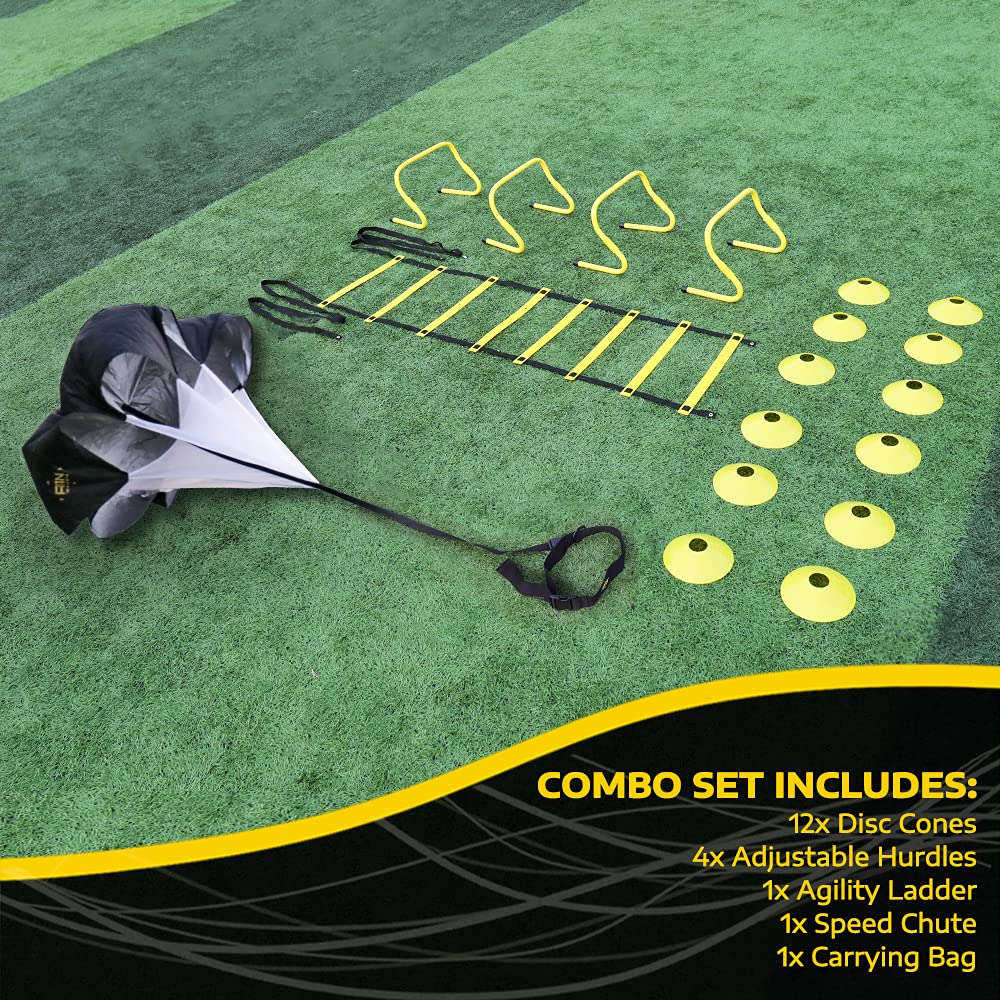 A11N Speed & Agility Training Combo Set - Includes 4 Adjustable Agility Hurdles, Quick Ladder, Speed Chute, & 12 Cones - Training for Speed, Agility, and Quickness