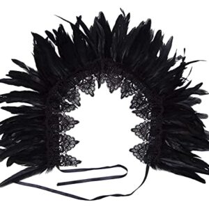 L'VOW Black Feather Shrug Cape Shoulder Wrap Lace Collar Halloween Costumes for Women (Black -001)