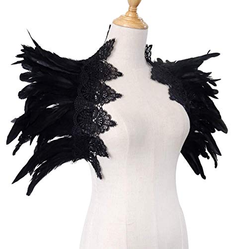 L'VOW Black Feather Shrug Cape Shoulder Wrap Lace Collar Halloween Costumes for Women (Black -001)