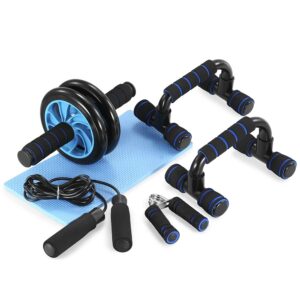 tomshoo ab wheel roller kit with push-up bar, knee mat, jump rope and hand gripper - home gym workout for men women core strength & abdominal exercis