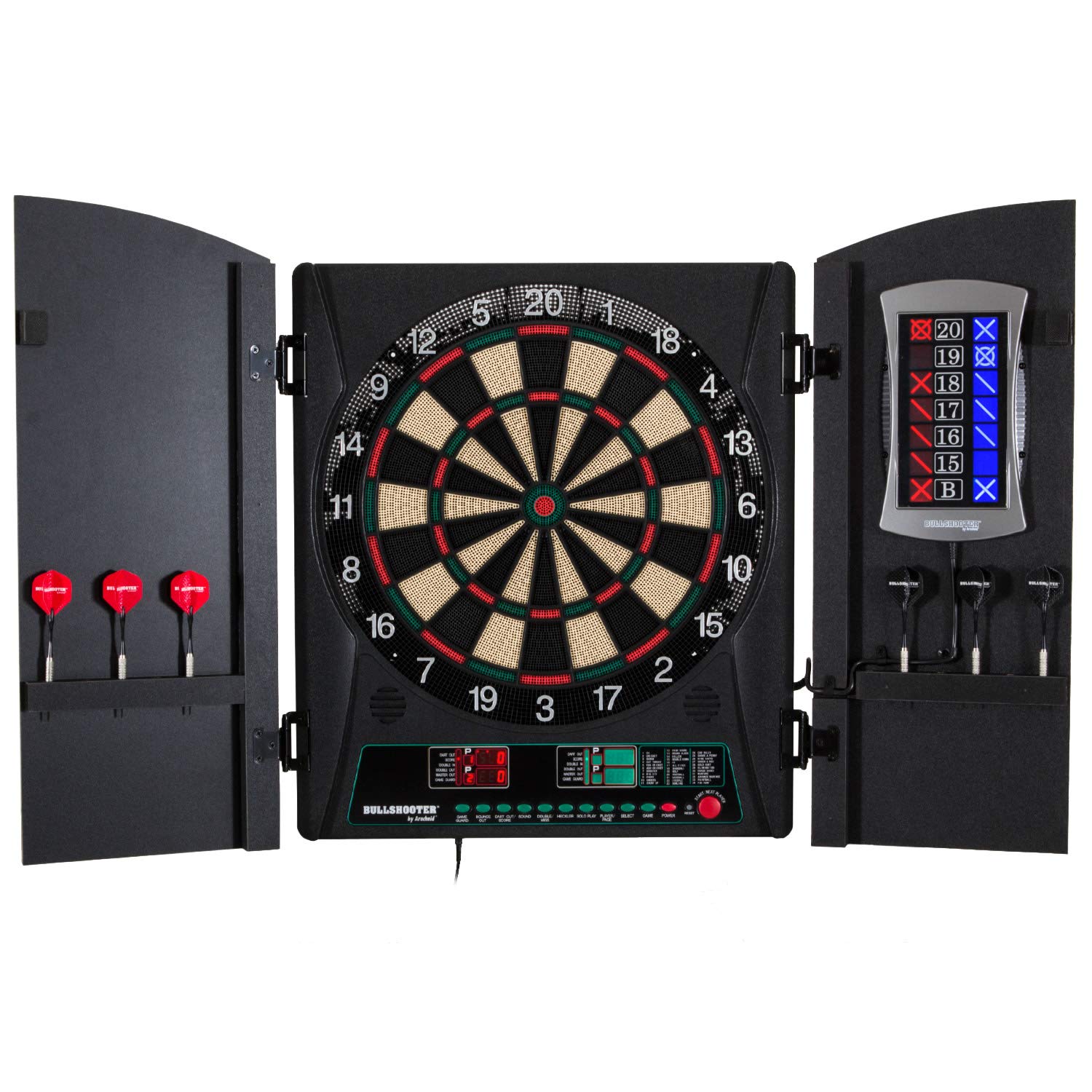 Bullshooter Electronic Dart Board Cabinet Set Home Bar Game Room Playroom Wooden Cabinet Doors LCD Display for Up to Eight Players - 34 Games 183 Variations - 2 Sets of Soft Tip Darts