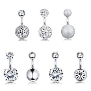 FUNRUN JEWELRY 7PCS 14G 6MM 1/4 Inch 316L Surgical Steel Belly Button Rings Belly Earring CZ Navel Rings Barbell Body Piercing Jewelry (A:Silver tone)