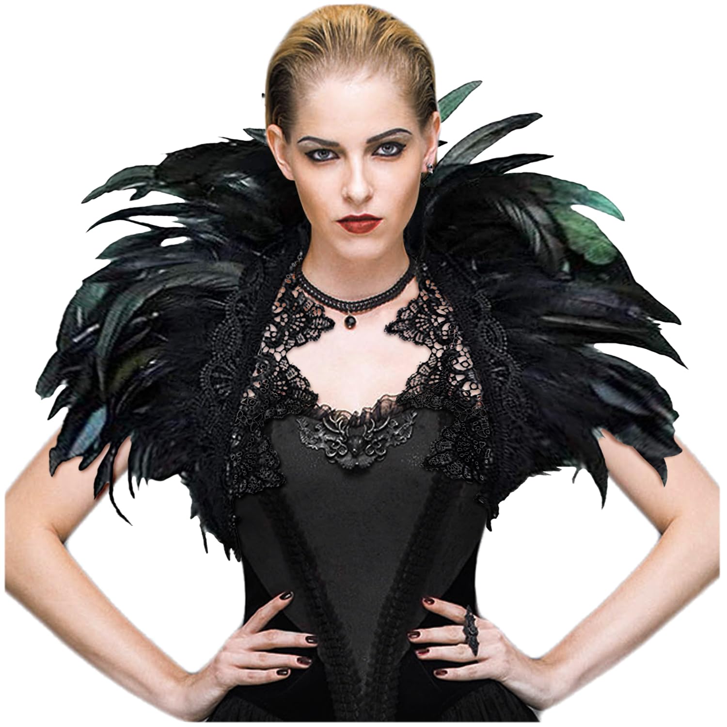 L'VOW Black Feather Shrug Cape Shoulder Wrap Lace Collar Halloween Costumes for Women (Black -002)