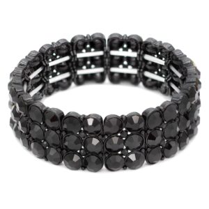 lavencious round shape rhinestone 3 lines stretch bracelet evening party jewelry 7” (jet black)