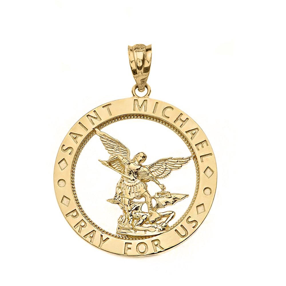 10k Saint Michael Pray for Us Charm Round Pendant in Yellow Gold