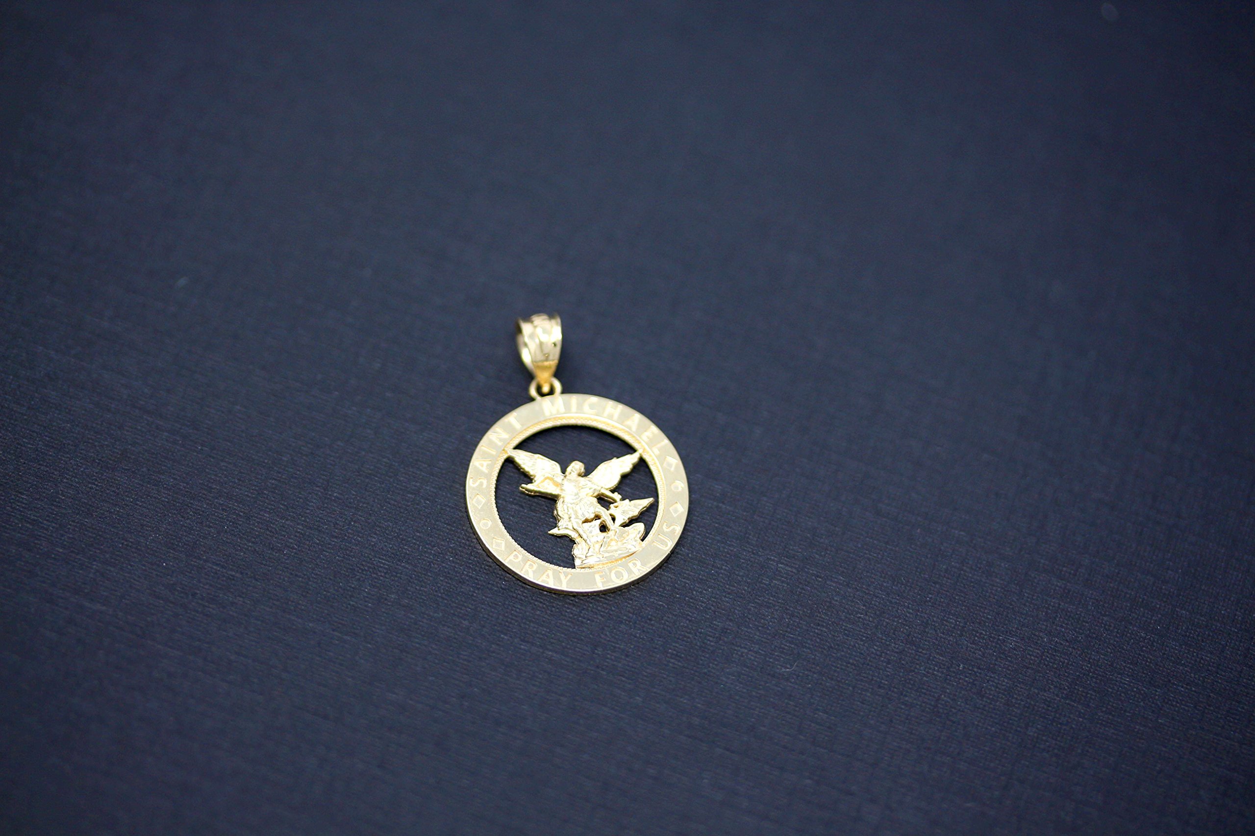 10k Saint Michael Pray for Us Charm Round Pendant in Yellow Gold