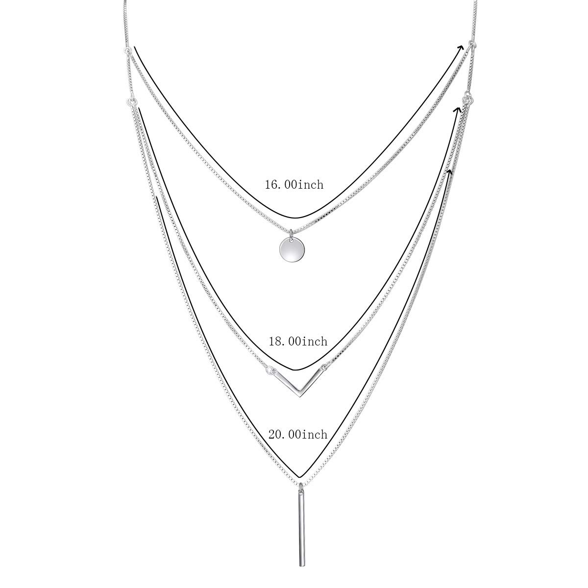 DAOCHONG S925 Sterling Silver Triple Layer Pendant Choker Necklace for Women 16"+2" (A)