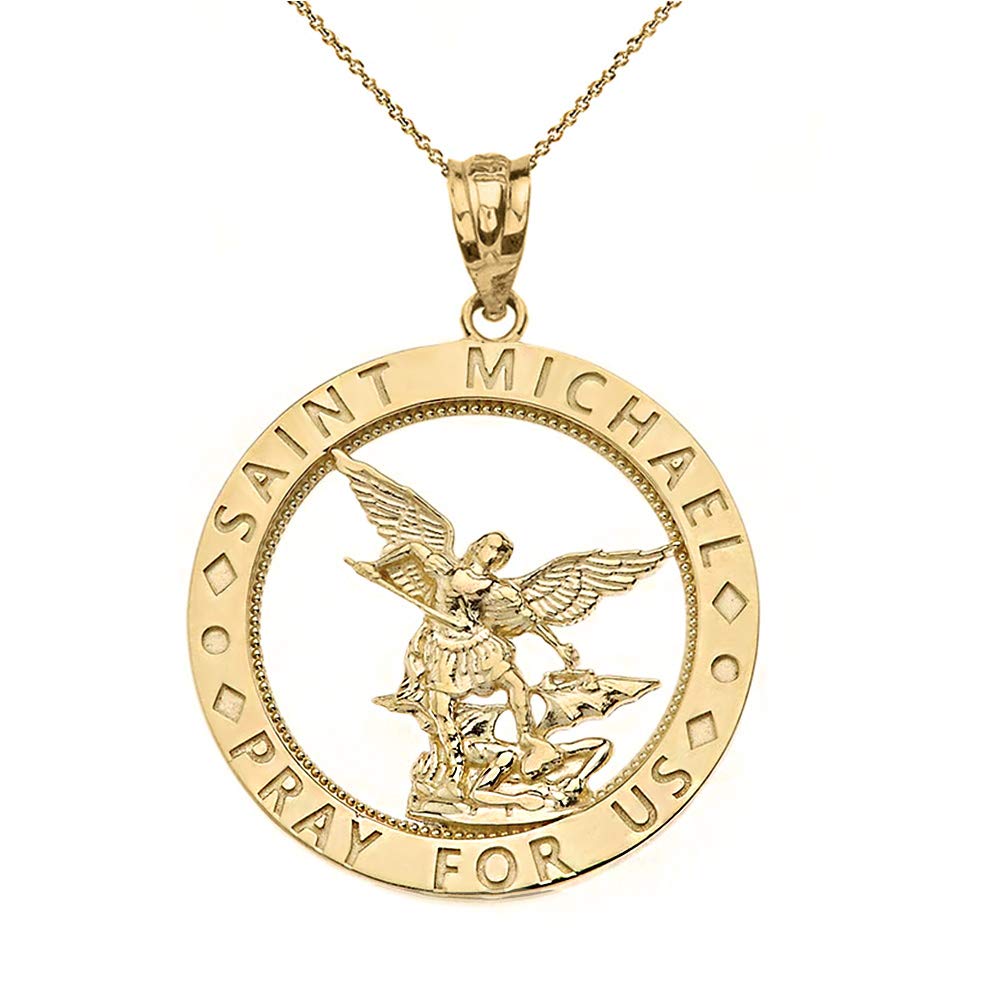 CaliRoseJewelry 14k Saint Michael Pray for Us Round Charm Pendant Necklace in Yellow Gold, 20"