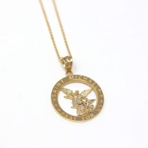 CaliRoseJewelry 14k Saint Michael Pray for Us Round Charm Pendant Necklace in Yellow Gold, 20"