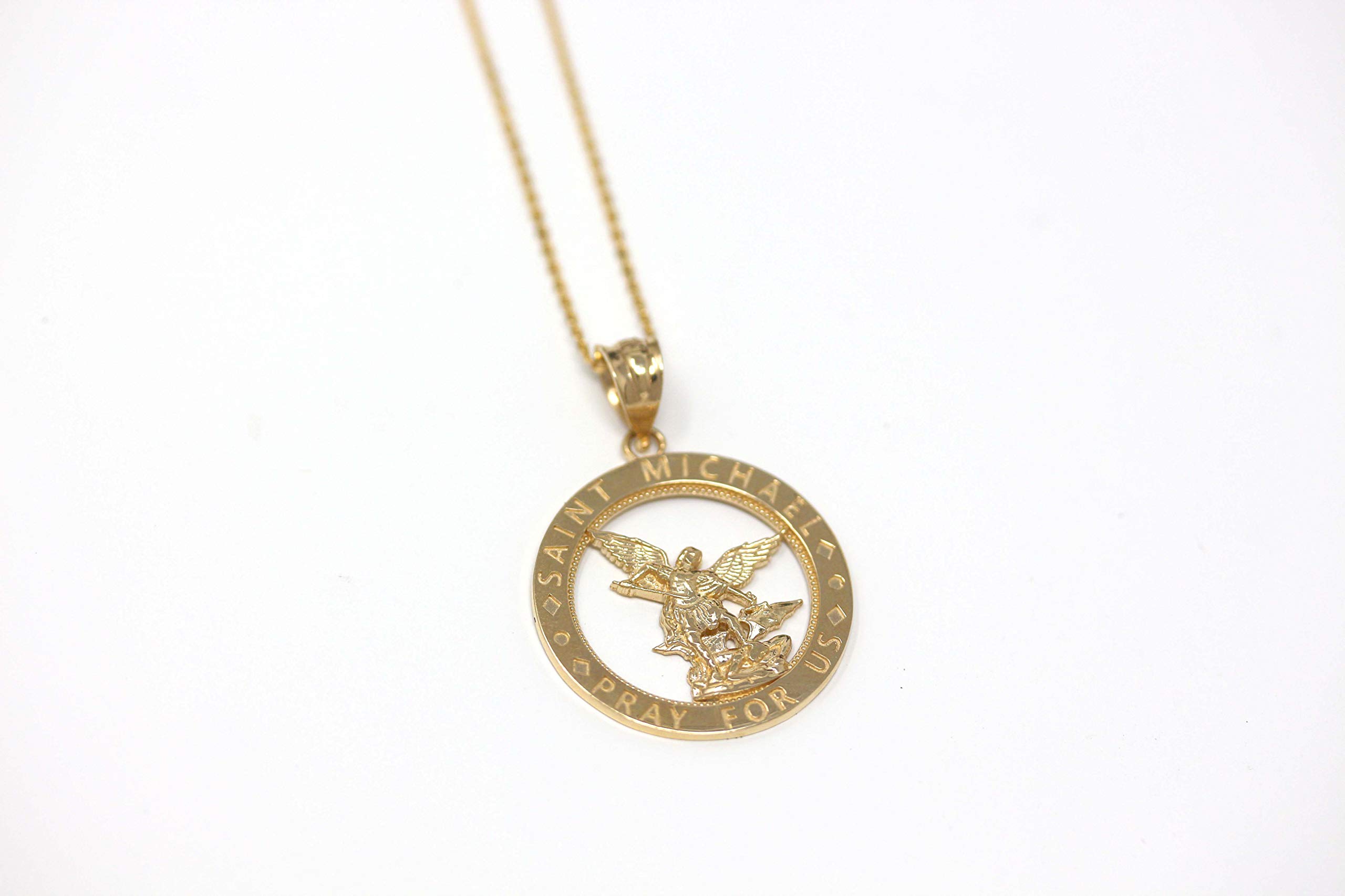 CaliRoseJewelry 14k Saint Michael Pray for Us Round Charm Pendant Necklace in Yellow Gold, 20"