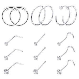 FINREZIO 15PCS 22G 20G 18G Surgical Steel Nose Rings Hoop Studs Cartilage Earrings Body Piercing Jewelry 1.5mm 2mm 2.5mm CZ (A:22G,8MM Silver Nose Ring)