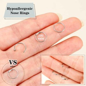 FINREZIO 15PCS 22G 20G 18G Surgical Steel Nose Rings Hoop Studs Cartilage Earrings Body Piercing Jewelry 1.5mm 2mm 2.5mm CZ (A:22G,8MM Silver Nose Ring)