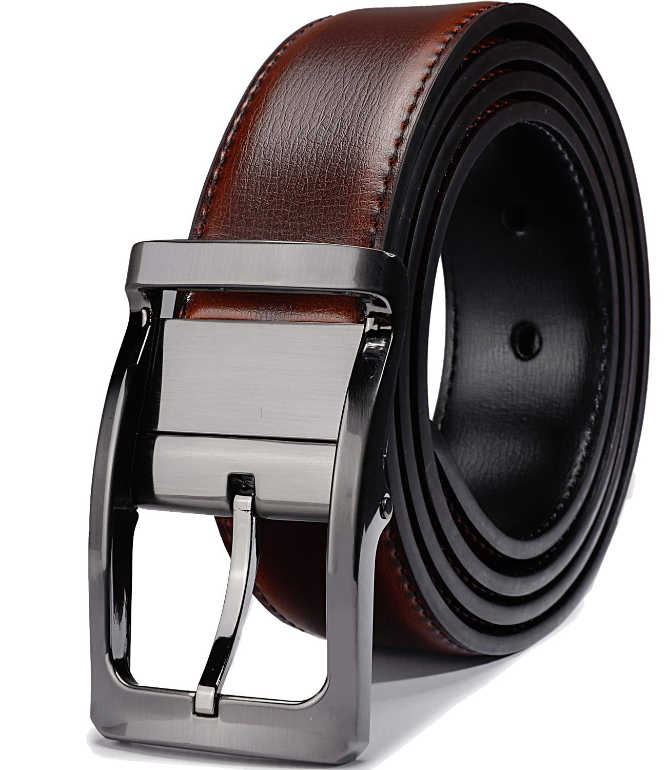 Belts for Men Reversible Leather 1.25” Waist Strap Fashion Dress Buckle Beltox (Rectangle Rotated Buckle with Burnt Umber/Black Belt, 36-38)