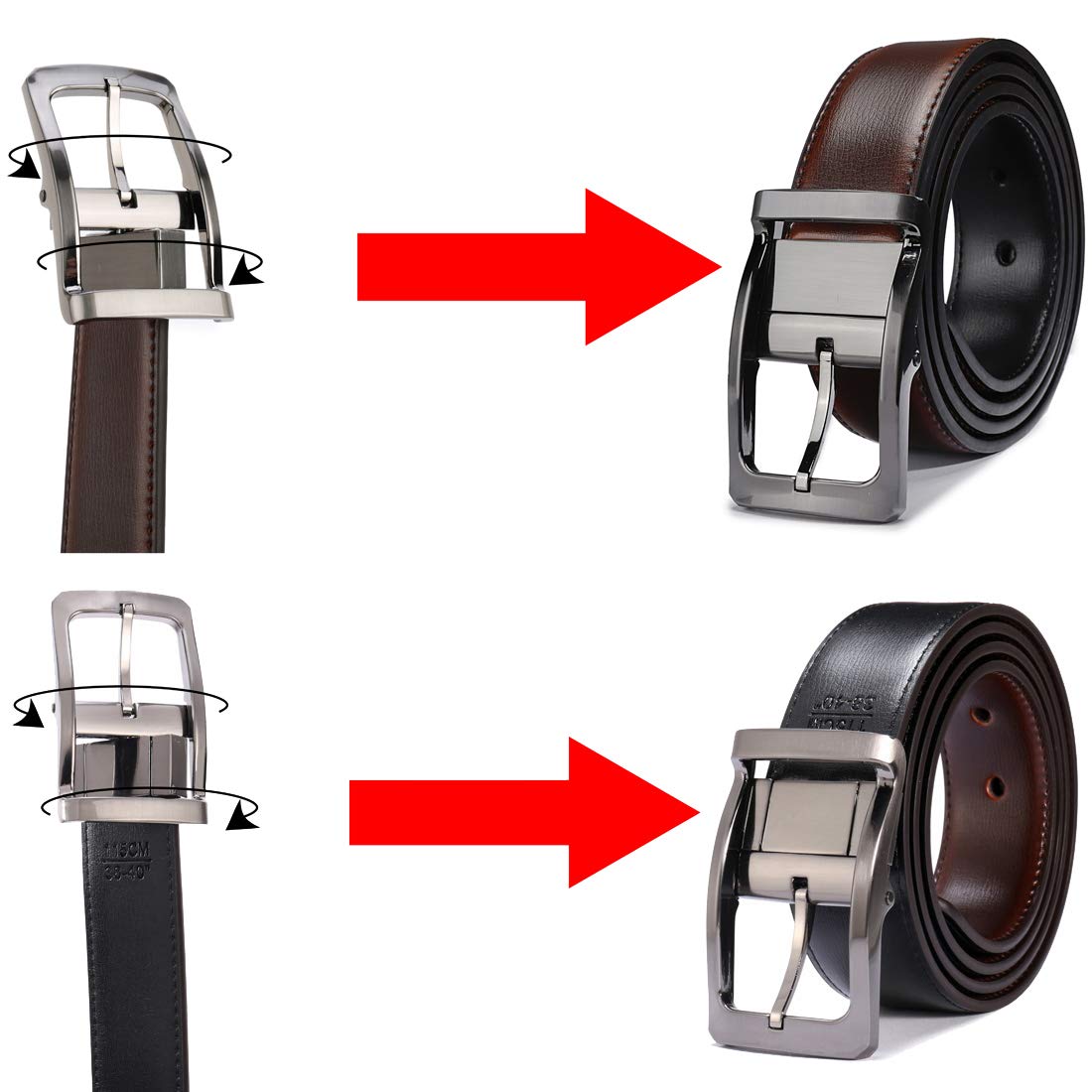 Belts for Men Reversible Leather 1.25” Waist Strap Fashion Dress Buckle Beltox (Rectangle Rotated Buckle with Burnt Umber/Black Belt, 36-38)