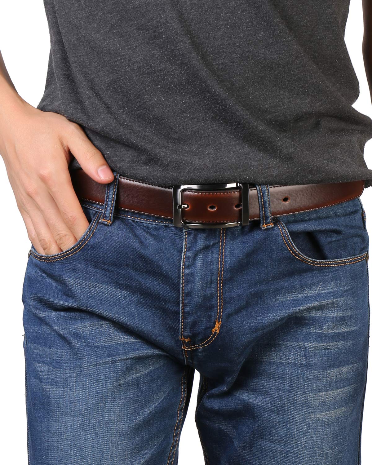 Belts for Men Reversible Leather 1.25” Waist Strap Fashion Dress Buckle Beltox (Rectangle Rotated Buckle with Burnt Umber/Black Belt, 36-38)