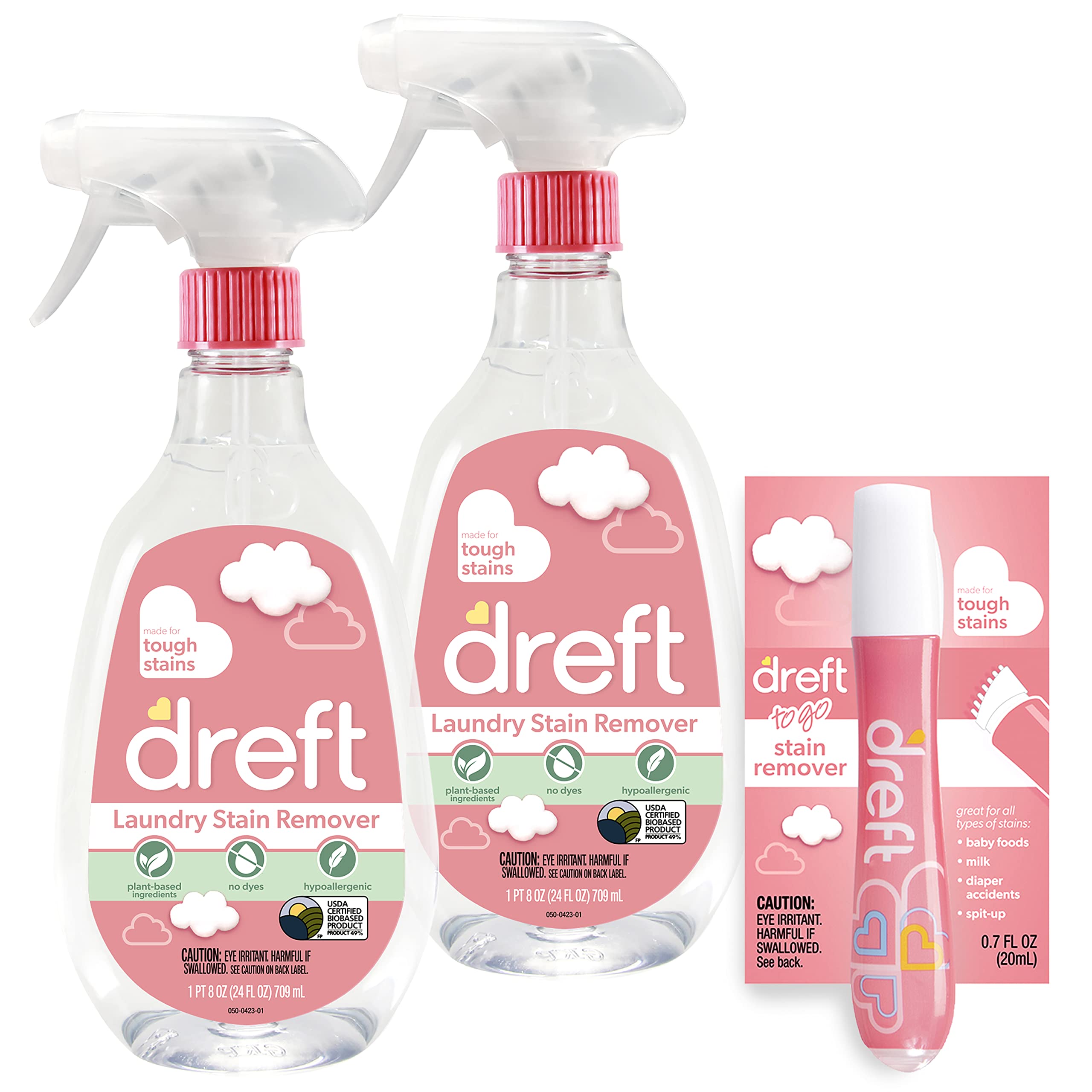 Dreft Stain Remover for Baby Clothes, Fragrance Free and Hypoallergenic Baby Stain Remover Spray Plus Travel Size Stain Treater Pen, 24 Fl Oz ( Pack of 2 + Stain Pen)