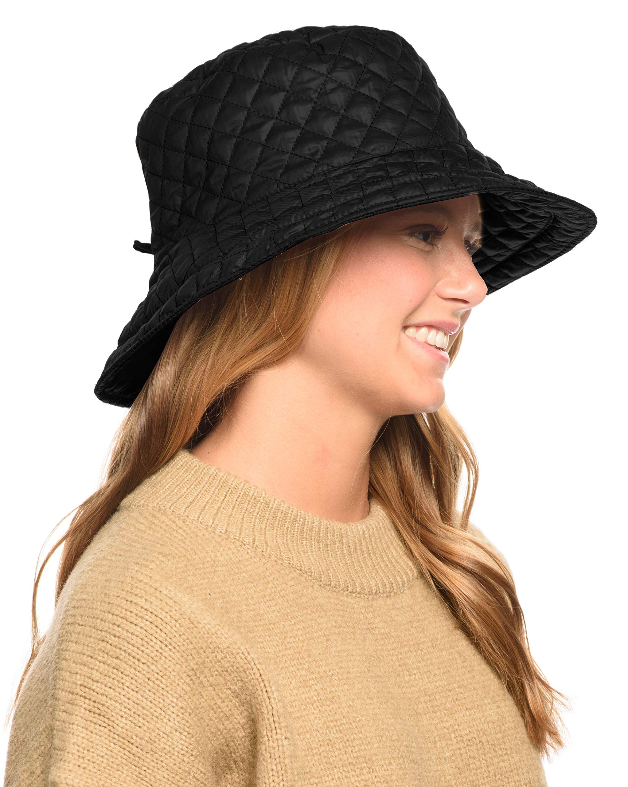 Foldable Water Repellent Quilted Rain Hat w/Adjustable Drawstring, Bucket Cap (BLACK)