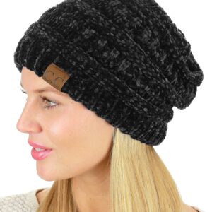 C.C Women's Chenille Soft Warm Thick Knit Beanie Cap Hat-Black