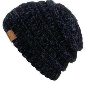 C.C Women's Chenille Soft Warm Thick Knit Beanie Cap Hat-Black