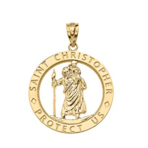 CaliRoseJewelry 10k St Christopher Protect Us Round Charm Pendant in Yellow Gold