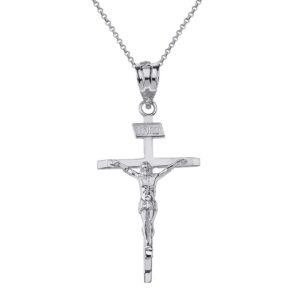 Solid 10k White Gold Catholic Jesus Christ on INRI Crucifix Cross Pendant Necklace (1.19"), 18"