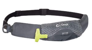 onyx m-16 manual inflatable belt pack, u.s. coast guard approved, low profile, compact design, approved for users 16 years and older; and over 80 pounds; fits up to 52” waist