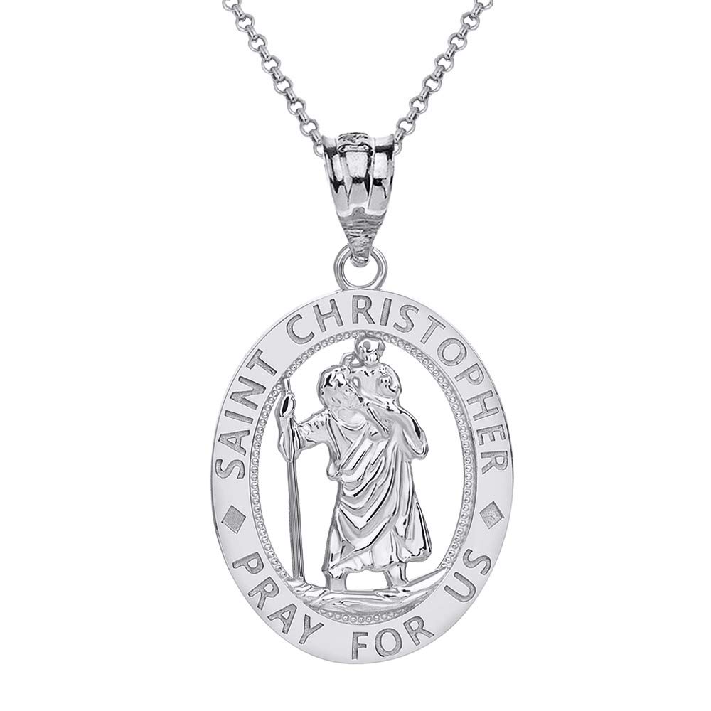 CaliRoseJewelry Sterling Silver Saint Christopher Pray for Us Oval Charm Pendant Necklace, 16"