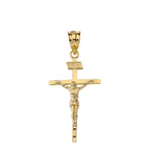 solid 10k yellow gold catholic jesus christ on inri crucifix cross pendant (1.19")