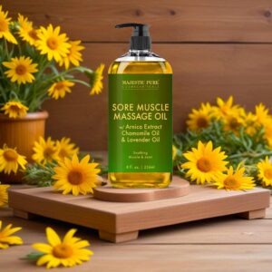 MAJESTIC PURE Arnica Sore Muscle Massage Oil for Massage Therapy - Natural Oil with Lavender and Chamomile Essential Oils - Multipurpose Instant Absorption Full Body Massage Oil - 8 fl. oz